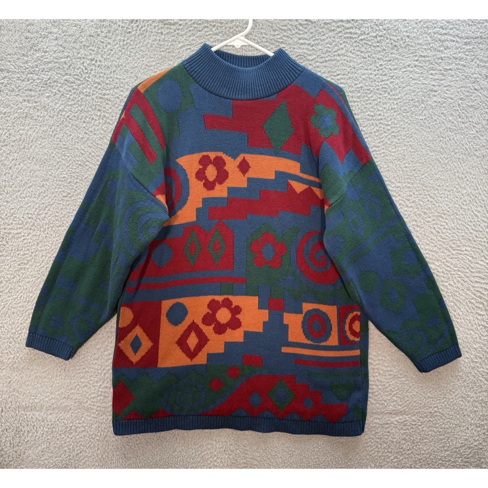 Vintage Sweater Exchange Sweater Womens Medium Multicolor Geometric 90s Y2K